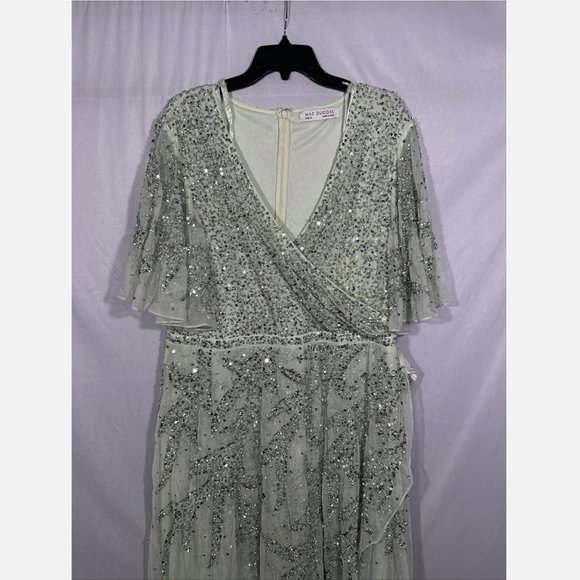 NWT $498 Mac Duggal [ 18 ]‎ Sequined Butterfly Sleeve High Low Gown Sage Greeen - Picture 3 of 14